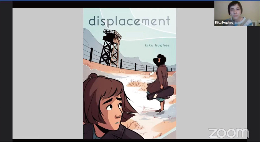 <그림 12> 저자 키쿠 휴즈가 자신의 작품 『변위(Displacement)』를 소개하고 있다. (사진: 북엑스포 페이스북 라이브)