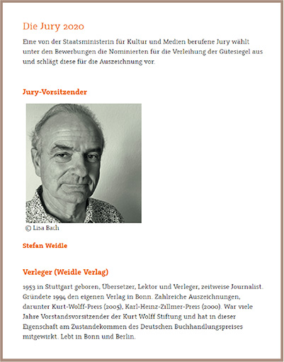2020년 독립위원회 심사위원장 슈테판 바이들레.그는 독일 서점상을 구상한 사람이자 쿠르트-볼프재단 이사 출신이다.독립위원회에 대한 비판이 있음에도 불구하고, 올해 심사위원장을 맡고 있다.출처: 독일 서점상 홈페이지