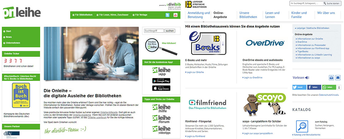 공공도서관 온라인 콘텐츠 대출 서비스 ‘Onleihe; 시립공공도서관 온라인서비스 제공 목록예시(라이프치히 시립도서관)